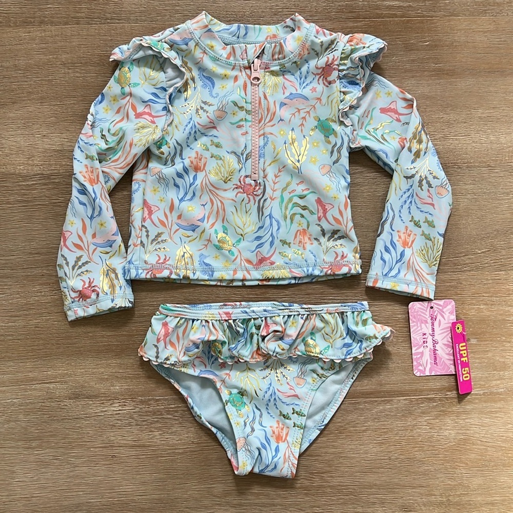 Tommy Bahama Toddler Girl Rashguard 2 Piece Swimsuit Set 2T 3T 4T Sea Animals
